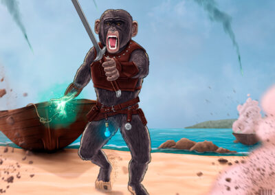 Original artwork of a chimp warrior on a beach fighting